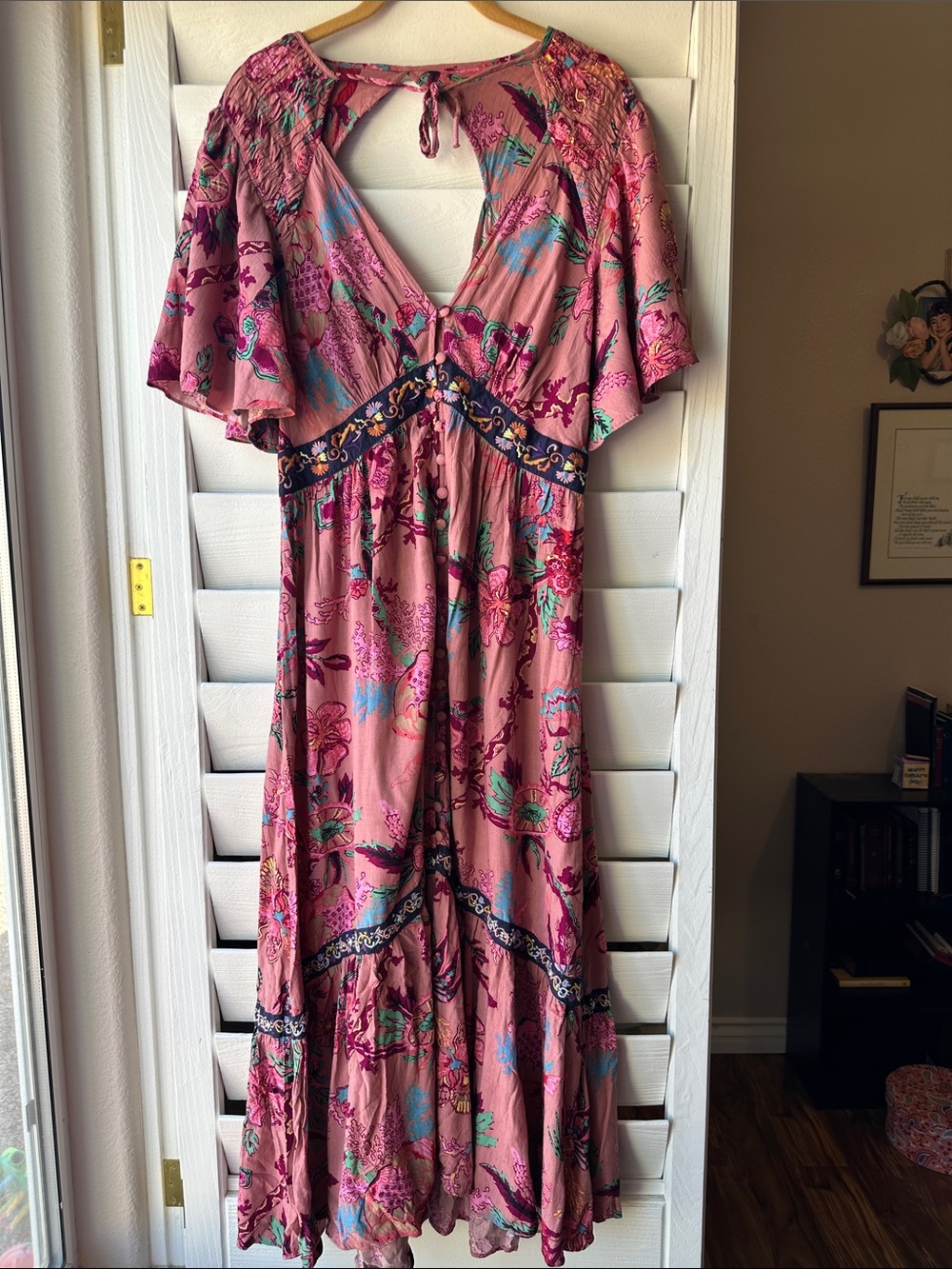 Anthropologie Floral Button Smocked Open Back Embroidered Maxi Dress